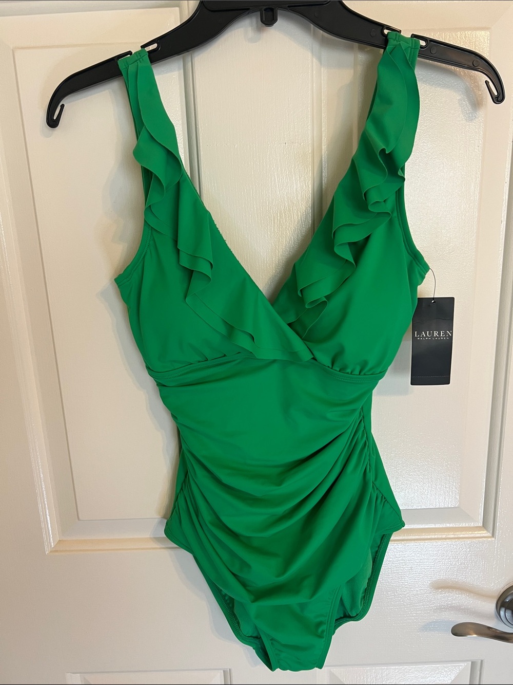 Lauren Ralph Lauren Green Ruffle V-Neck One-Piece Swimsuit
